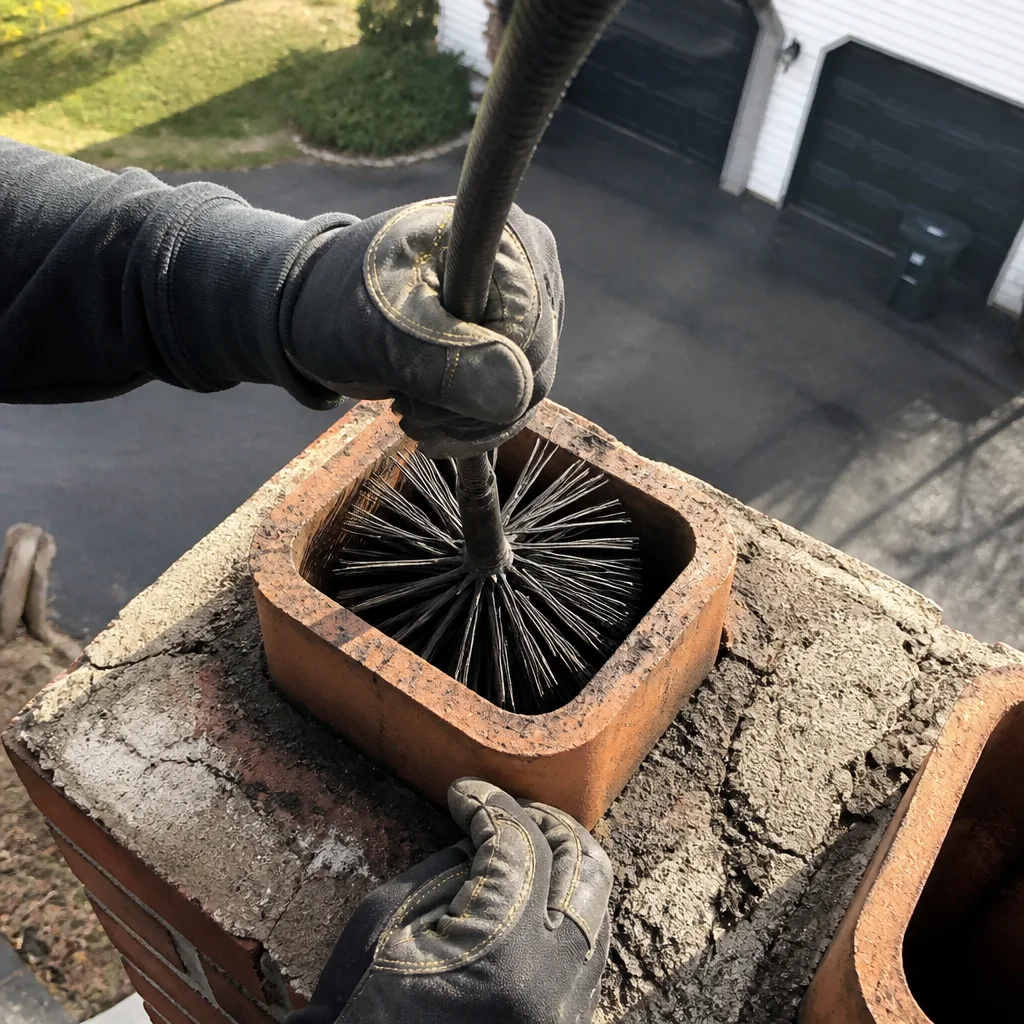 Professional chimney sweep cleaning a brick fireplace chimney flue