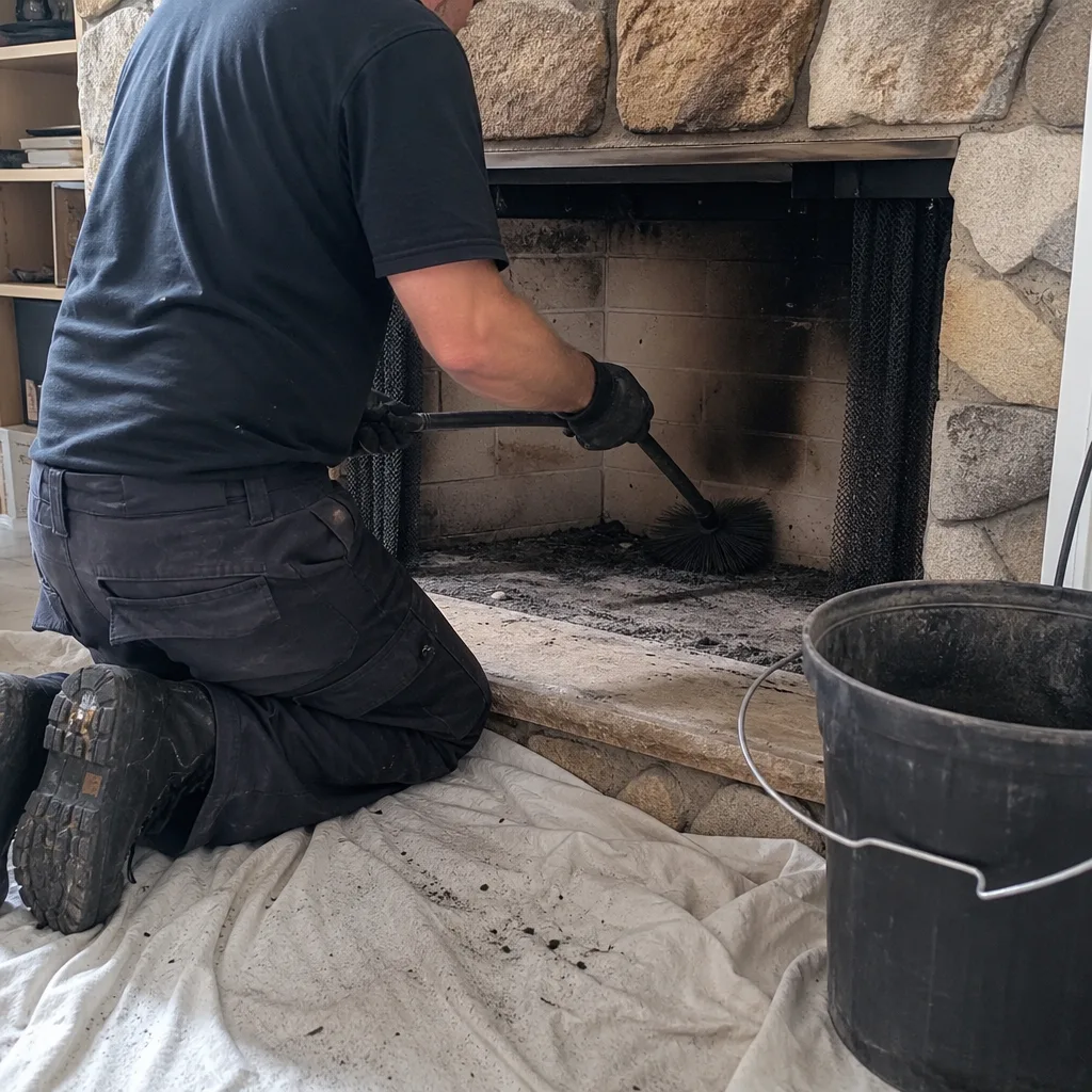 Professional chimney sweep cleaning soot from inside a stone fireplace