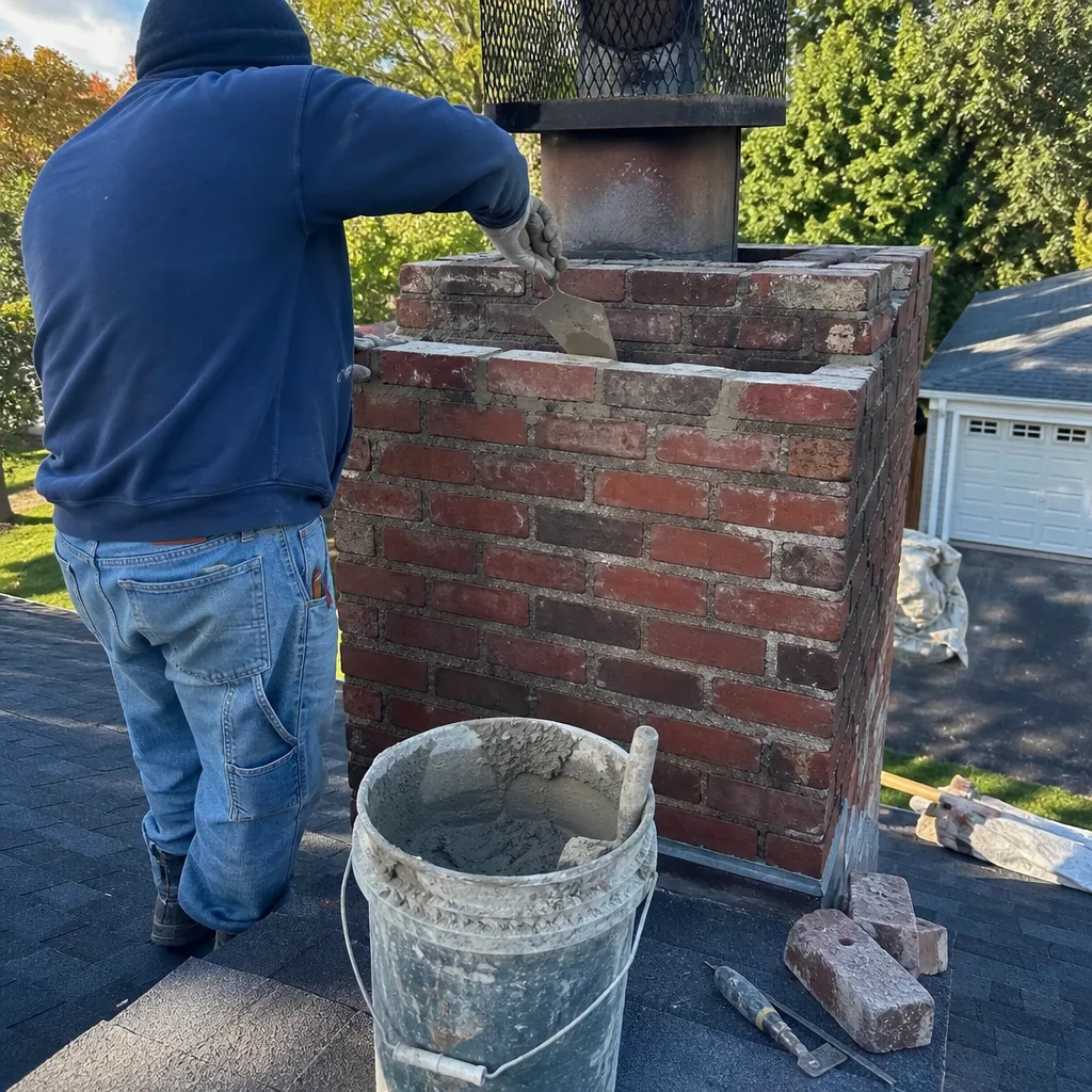 Professional chimney technician repairing brick masonry on a rooftop