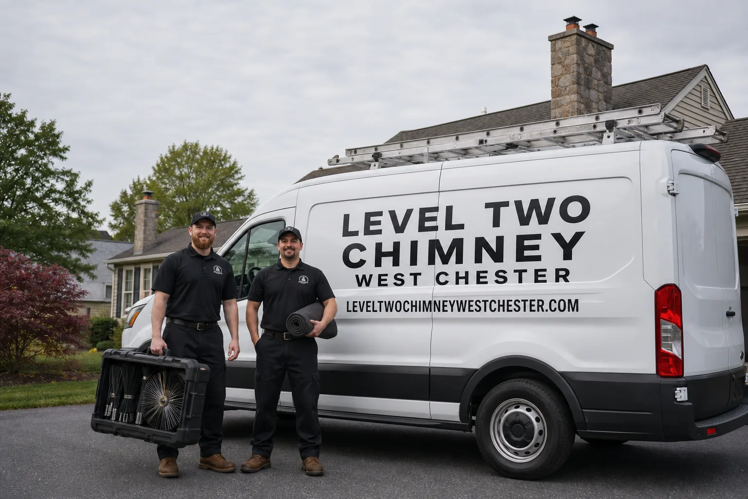 Level Two Chimney West Chester chimney cleaning service vehicle and crew in West Chester, PA
